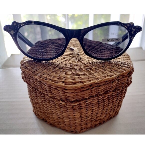 Sunglasses Black Cat Eye Retro Glitter Frame Moon Stars Smoky Lens - Picture 3 of 11